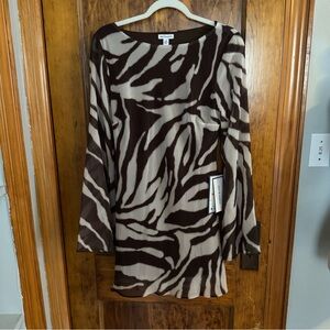 Brown and White Long Sleeve Dress